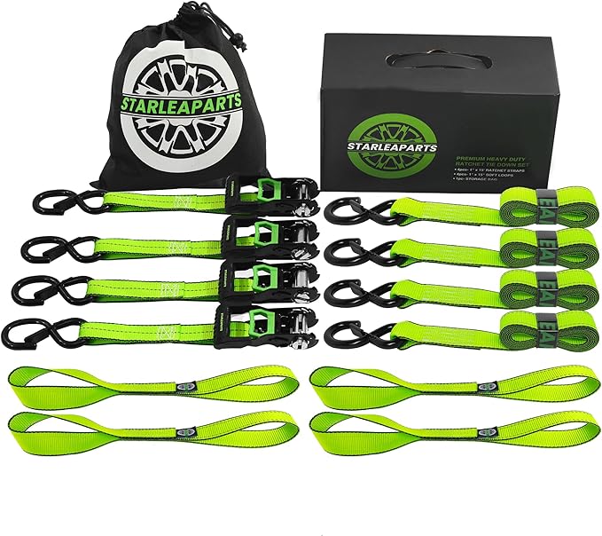 Motorcycle Tie Down Strap (4PK) - 2,100lb Break Strength Premium 15ft Ratchet Tie Down Straps Set, Soft Loop Ratchet Straps for Moving Appliances, Lawn Equipment, Cargo Straps for Trucks