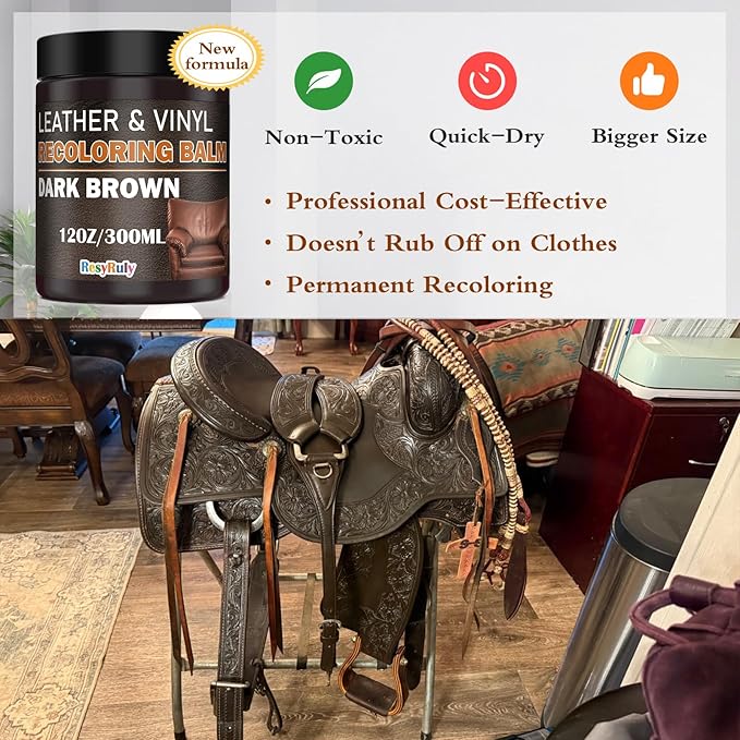 Leather Recoloring Balm Dark Brown Leather Dye Vinyl Paint Car Interior Seat Furniture Couch Recliner Chair Boots Jacket Shoes Bag Purse Belt Color Restorer Fade Stain Scratch Remover Repair Kit