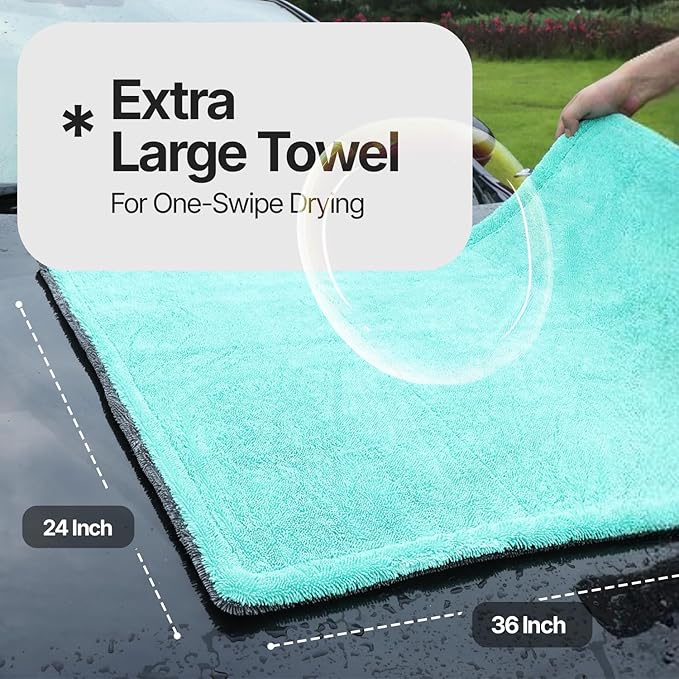 Quick & Effortless XL (36x24) Car Drying Towel with Double Twisted Loop - 1300GSM Super Absorbent Microfiber Towel Perfect for Large Vehicles, The Ultimate One-Pass Shine Zero Streaks, Zero Spots