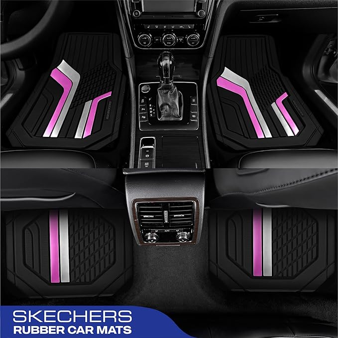 Skechers Heavy Duty Rubber Car Floor Mats,Dual Color Design Floor Mats,All Weather Car Mats,Waterproof Trim To Fit Universal Floor Liner Car Accessories,Automotive Floor Mats For Cars Trucks Suvs,Pink