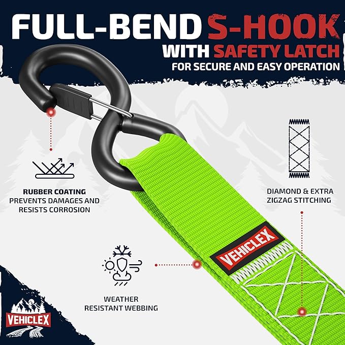 Vehiclex 1.5" x 15 ft 4,400 lb Heavy Duty Ratchet Tie Down Straps with Soft Loops – 4PK for Cargo & Equipment – Green