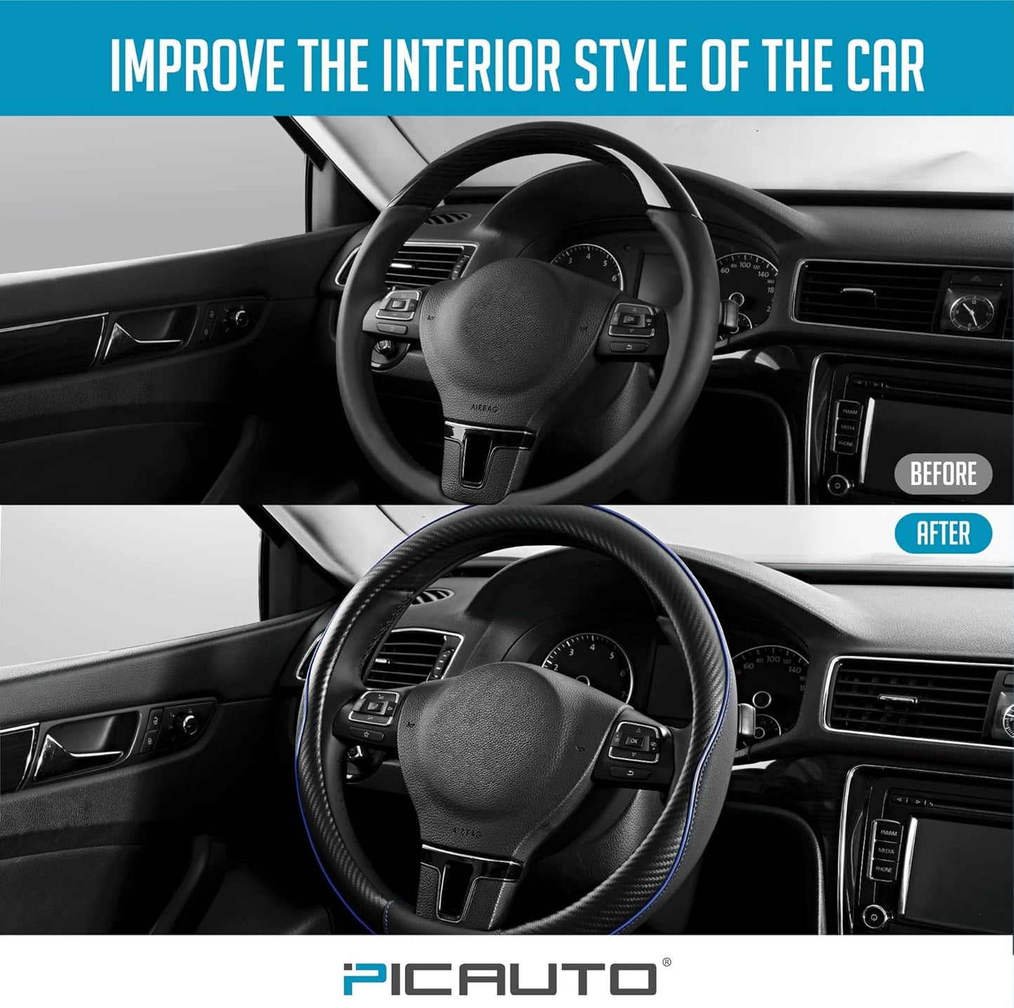 PIC AUTO Steering Wheel Cover, Blue Piping Leather, Sports Carbon Fiber and Super Breathable Leather, Universal 14.5-15.5 Inch Anti-Slip Steering Wheels Accessories for Men & Women