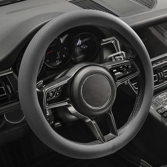 Genuine Leather Steering Wheel Cover for Men Women with Upgraded Silicone Inner Ring, Thin, Non-Slip, Breathable, Odorless, Universal 14.5-15 Inch (Pure Grey, Genuine Leather)