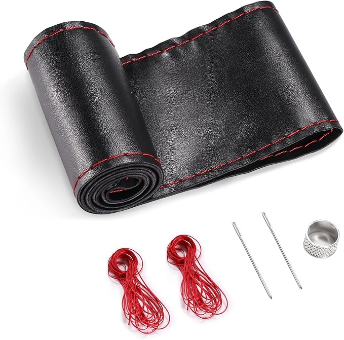 SEG Direct Genuine Leather Steering Wheel Cover, Stitch On Wrap, 15 Inch Steering Wheel Wrap for Car Truck SUV Pickup Boat, DIY Sewing with Needle Thread, Black with Red Thread