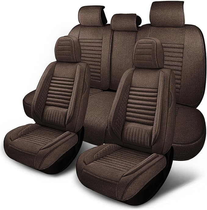 Car Seat Covers Full Set, 5 Seats Universal Linen Vehicle Cushion for Automotive Front and Rear, Seat Protectors Fit for Most SUV Truck Sedans Pick-up Jeep, Airbag Compatible (Brown)