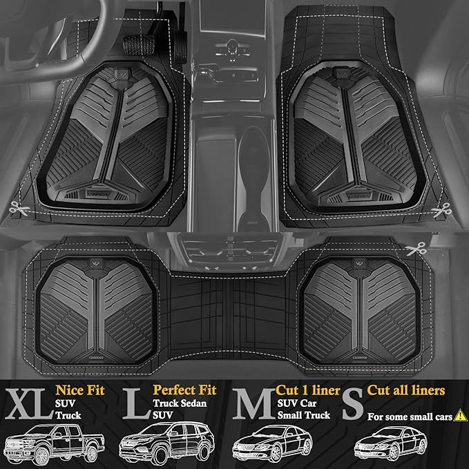 CAR PASS Heavy Duty Rubber Car Mats, Deep-Dish Car Floor Mats All Weather, Universal Two-Tone Trim-to-Fit for SUVs Trucks Sedans, Waterproof Anti-Slip, 3 Pieces V12 Black and Charcoal