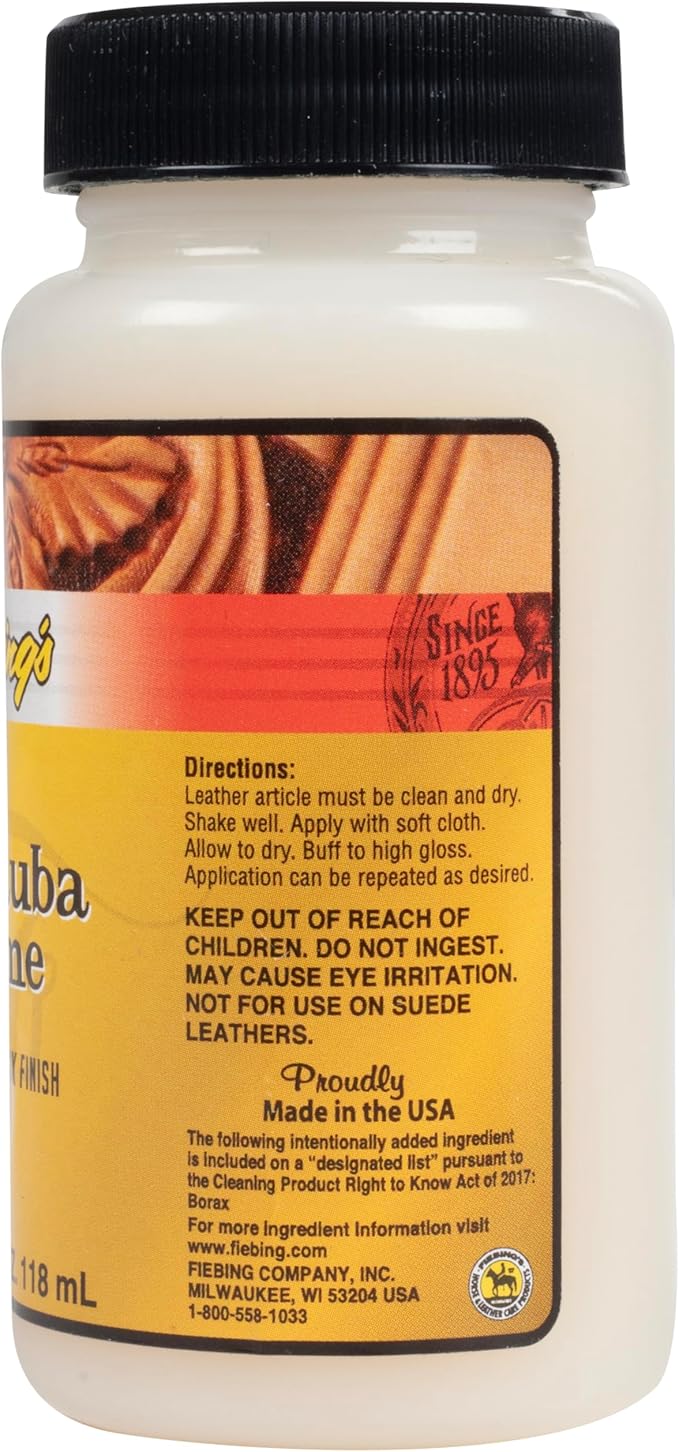 Fiebing's Carnauba Wax (4 oz) - Protective Leather Wax Creme Resists Fingerprints & Scuff Marks - Flexible, High Gloss Top Coat Finish to Restore Smooth Leathercraft, Car Seat, Boot, Shoe, Purse
