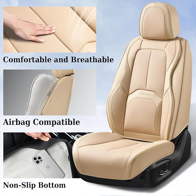 Coverado Car Seat Covers Full Set, Premium Nappa Leather Seat Covers for Car, Waterproof Car Seat Protector with Lumbar Support, Automotive Seat Covers Universal Fit for Most Cars SUV Truck(Beige)