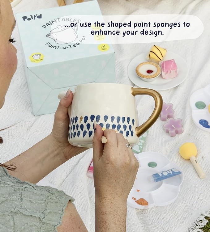 Pott’d Paintables Paint-a-Teapot Kit, DIY Pottery Painting Kit for Adults with Teapot, Paints, Brushes, Sponges, Palette and Guide, Craft Kit for Beginners, Ideal for Tea Lovers and Handmade Gifts