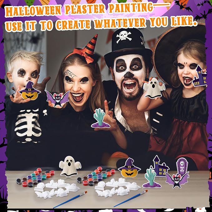 Foilswirl 24 Set Halloween Ceramic to Paint DIY Ghost Tombstone Bat Pumpkin Haunted House Crafts Painting Kit Unpainted Crafts with Brush Bag for Halloween Party Favor Gifts Boo Basket Stuffers