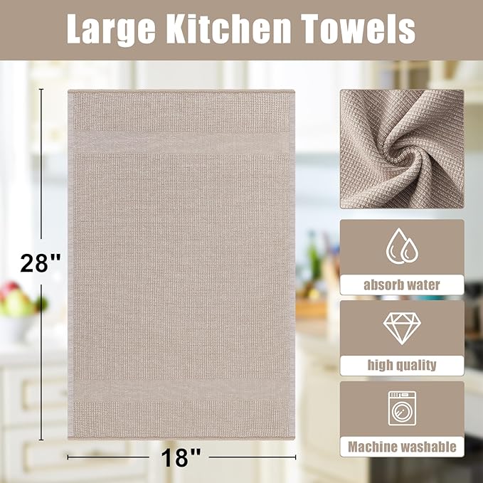 Homaxy Premium Kitchen Towels(18”x 28”, 6 Pack), Large Cotton Kitchen Hand Towels, Flat and Terry Dish Towels, 380 GSM Highly Absorbent Tea Towel Set with Hanging Loop, Red/Grey/Khaki