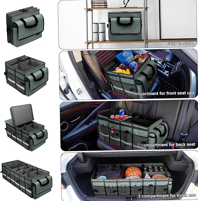 Car Trunk Organizer and Storage with Removable Leakproof Cooler Bag, 6 Removable Dividers for Custom Space, Collapsible Trunk Storage with Non Slip Bottom, Foldable Cover for SUV, Jeep, MPVs