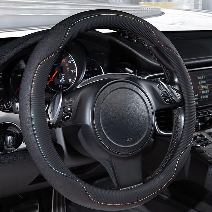 CAR PASS Colour Piping Leather Universal Fit Steering Wheel Cover,Perfectly fit for 14.5-15 inches for Various Vehicles Suvs,Vans,Trucks,Sedans,Cars(Black Multicolor)
