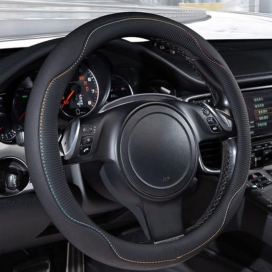 CAR PASS Colour Piping Leather Universal Fit Steering Wheel Cover,Perfectly fit for 14.5-15 inches for Various Vehicles Suvs,Vans,Trucks,Sedans,Cars(Black Multicolor)