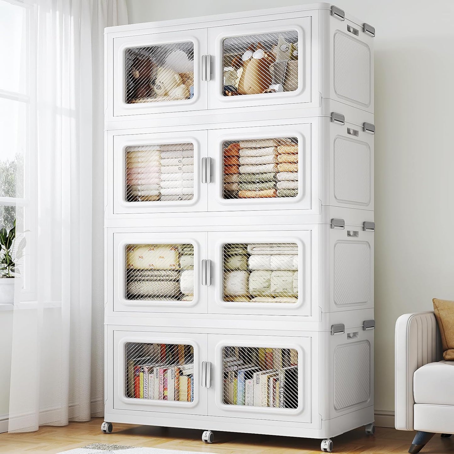 880 Qt Stackable Storage Bin with Lid, 220Gal Extra Large Collapsible Storage Boxes, Folding Plastic Drawer, Heavy-Duty Store Cabinet, Closet Organizer for Home Kitchen, 4 Pack White