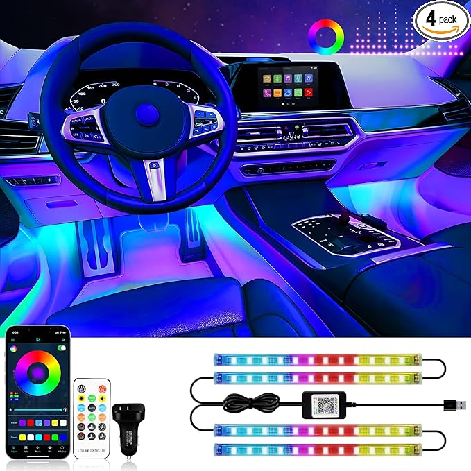 RGB Interior Car Strip Lights with Smart APP Control, Music Sync Under Dash Footwell Neon Internal Lighting Kit 2 Lines Design,12V LED Strip Lights for Cars, Trucks, SUVs with Car Charger(1 Set)