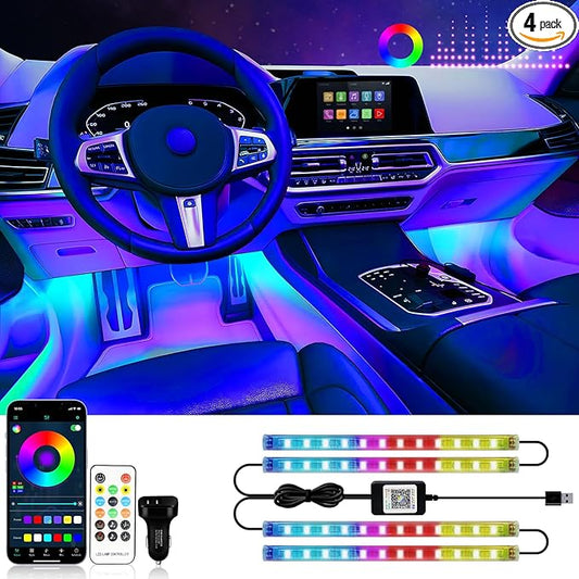 RGB Interior Car Strip Lights with Smart APP Control, Music Sync Under Dash Footwell Neon Internal Lighting Kit 2 Lines Design,12V LED Strip Lights for Cars, Trucks, SUVs with Car Charger(1 Set)