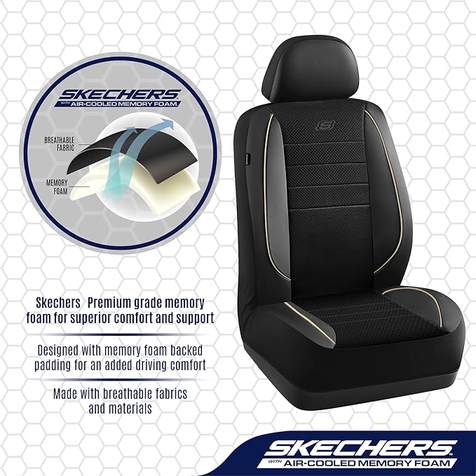 Skechers Air-Cooled Memory Foam Seat Cover, Mesh Thick Car Seat Covers,Piping Leather Car Seat Cover Full Sets,Airbag Compatible,Automotive Comfort Universal Fit Most Cars,Vans,Trucks,SUV,Beige