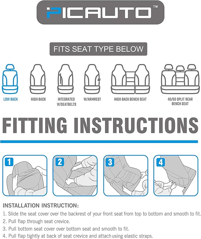 PIC AUTO Waterproof Universal Wetsuit Neoprene Car Seat Covers, Low Back, Airbag Compatible for Cars, SUVs, Vans, Trucks (4 Pieces, Gray)