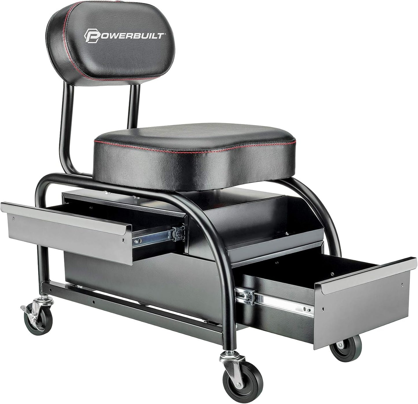 Powerbuilt Professional Car Detailers Mechanics Roller Seat, Heavy Duty Garage Stool with Thick Padded Seat and Backrest, 2 Sliding Storage Drawers, Tool Tray, Can Holders, 3in. Swivel Casters–240299