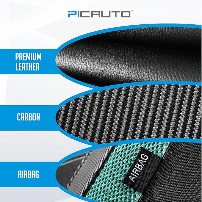 PIC AUTO Leather Car Seat Covers, Sports Carbon Fiber & Mesh Design, High-Back Front & Rear Full Set, Waterproof Automotive Seat Covers, Airbag Compatible, Universal Fit for Most Cars (Black & Mint)