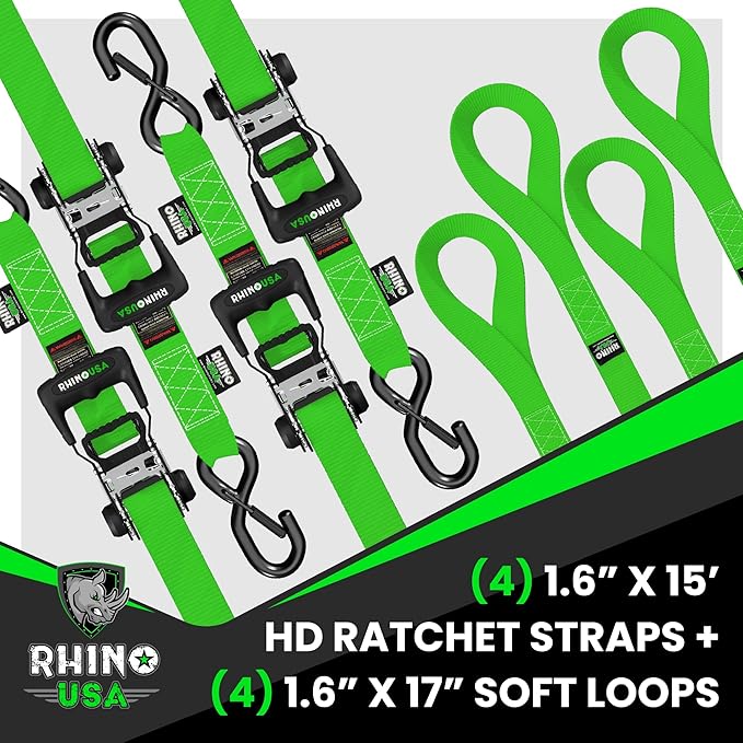 Rhino USA Ratchet Straps Heavy Duty Kit (4-Pack) - 1.6 Inch x 8 Feet Min Break Strength (5,000) - Ultimate Tie Down Straps with Safety S Hooks for Trucks, ATV, UTV, Motorcycle, Cargo & More - Gray