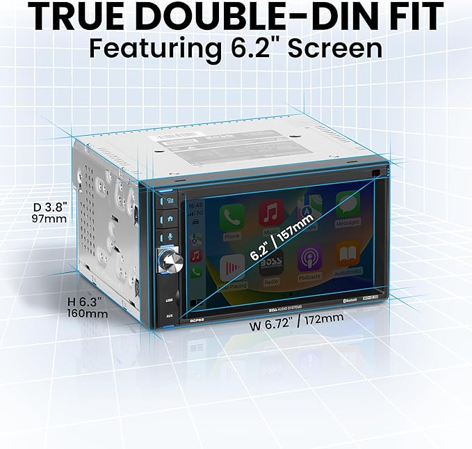 BOSS Audio Systems BCP62 Car Stereo - Apple CarPlay, Double Din, 6.2 Inch Capacitive Touchscreen, Bluetooth, No CD DVD Player, AM/FM Radio Receiver, USB