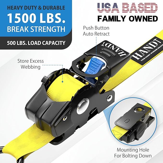 HandT USA Based Retractable Ratchet Straps (2PK) 1in x 6ft - 1,500lb Break Strength, Heavy Duty Automatic Ratchet Straps Self Retractable Tie Down, Push Button Retracting Truck Trailer Cargo | Yellow