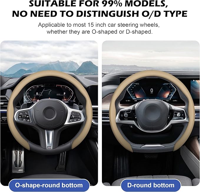 frani Nappa Leather Steering Wheel Cover, Universal 15 Inch Premium Non-Slip Steering Wheel Cover Beige