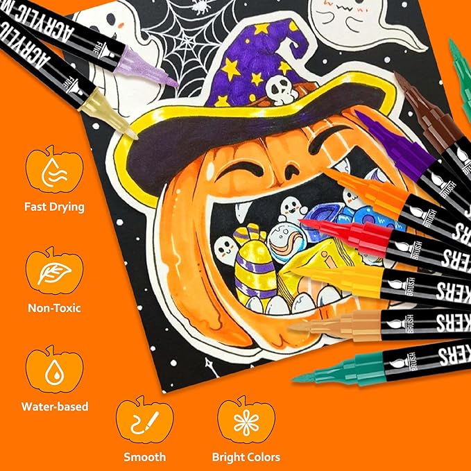 24 Colors Acrylic Paint Markers, Dual Tip with Fine Tip and Brush Tip Pens for Stone, Wood, Calligraphy, Canvas, Ceramic, Metal, Glass, Rock Painting, DIY Crafts Art Supplies Kit