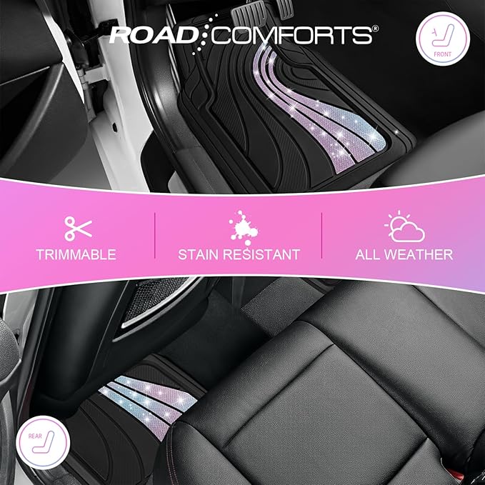 Road Comforts Car Floor Mats Full Set – Front & Rear Car Floor Mats with Aluminum Design, Anti-Slip Backing, All-Weather Protection, Trim-to-Fit Car Mats for Most Sedans, SUVs & Vans - Glitter