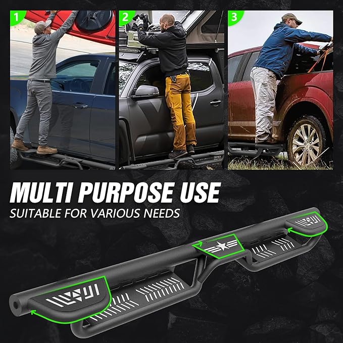 Three Raised Steps Double & Crew Cab Running Boards Compatible with 2005-2023 Toyota Tacoma Double Cab & Crew Cab Side Steps (4 Full-Size Doors), Two Stair Design Side Rail Nerf Bar Rock Slider