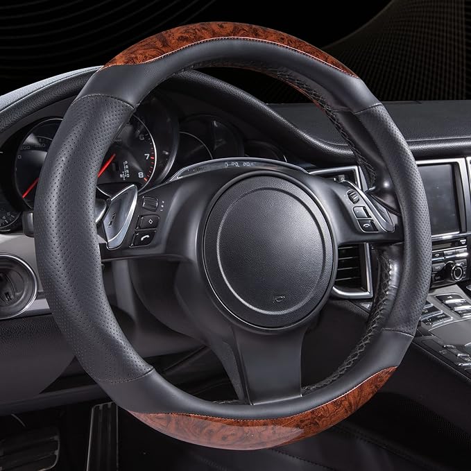 CAR-PASS Wood Grain Microfiber Leather Steering Wheel Cover, 14.5-15 inch Fit for 95% Automotive SUV Truck Sedan, Luxury Premium Rubber Perforated Leather, Non-Slip, (Black)