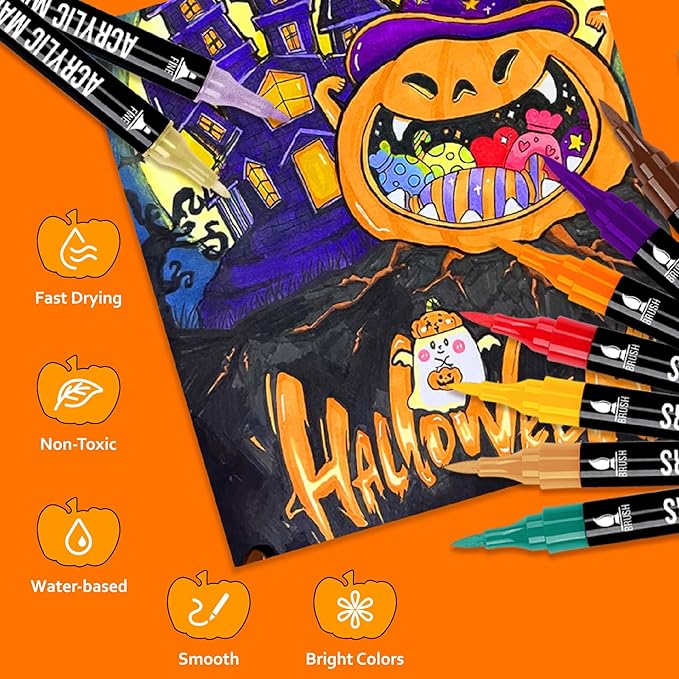 24 Colors Acrylic Paint Markers, Dual Tip with Fine Tip and Brush Tip Pens for Stone, Wood, Calligraphy, Canvas, Ceramic, Metal, Glass, Rock Painting, DIY Crafts