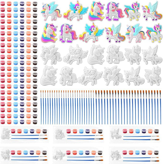 24 Set Unicorn DIY Painting Kit Ceramic to Paint Your Own Unicorn Statues Unpainted Plaster Figurines with Brushes Acrylic Bags Arts and Crafts Kits Party Favor for Adults