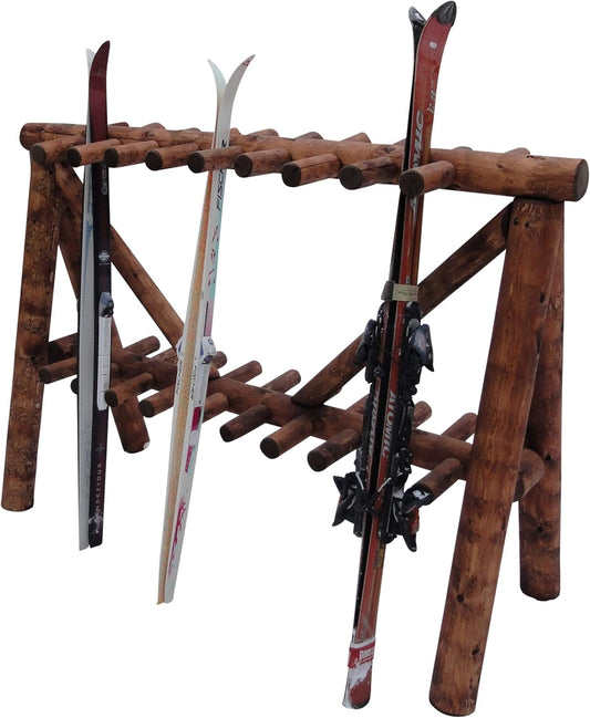 21-Place Freestanding Log Ski Rack Holder, Indoor & Outdoor Snowboard Racks, Standing Storage, Garage Racks for Snow Skis & Poles, Snowboard Rack Garage Storage Organizer-Canyon Brown + 15" Anchor Kit