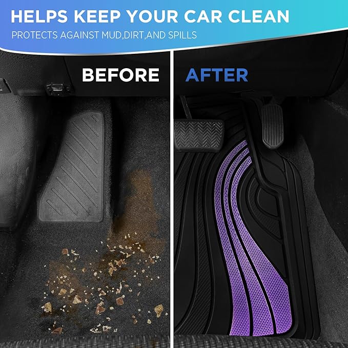 Road Comforts Car Floor Mats Full Set – Front & Rear Car Floor Mats with Aluminum Design, Anti-Slip Backing, All-Weather Protection, Trim-to-Fit Car Mats for Most Sedans, SUVs & Vans - Lighet Purple
