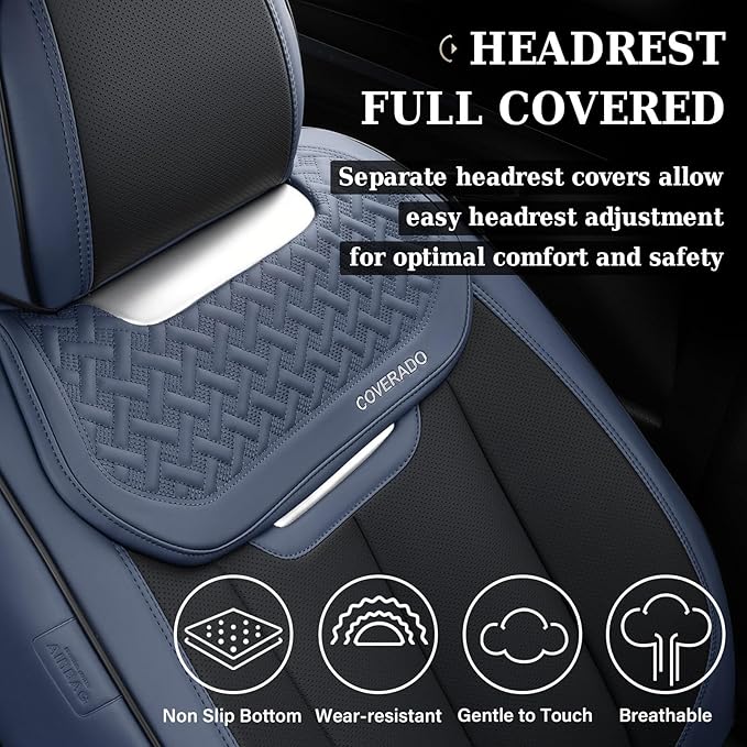 Coverado Front and Back Seat Covers for Cars, Nappa Leather Car Seat Covers Full Set, Waterproof Carseat Protector Seat Cushion, Luxury Automotive Seat Covers Universal Fit for Most Cars(Blue&Black)