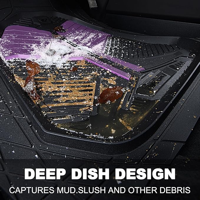 CAR PASS Heavy Duty Rubber Car Mats, Deep-Dish Car Floor Mats All Weather, Universal Two-Tone Trim-to-Fit for SUVs Trucks Sedans, Waterproof Anti-Slip, 3 Pieces V12 Black and Metallic Purple