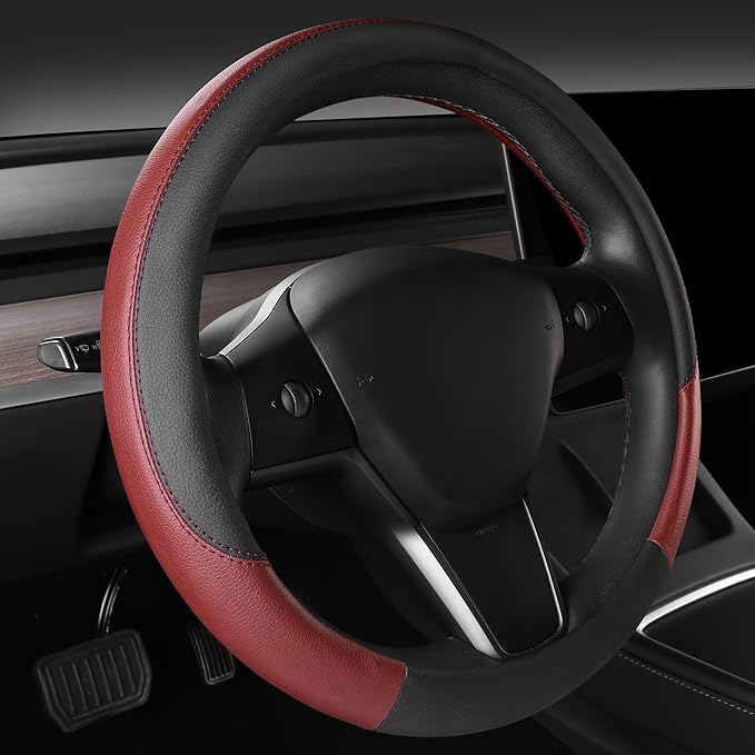 CAR PASS Faux Leather Steering Wheel Cover and Waterproof Car Floor Mats, Universal Car Combo Fit for 95% Sedan,SUV,Cars, 14.5-15inch Sporty Anti-Slip Safety Comfortable Design Burgundy