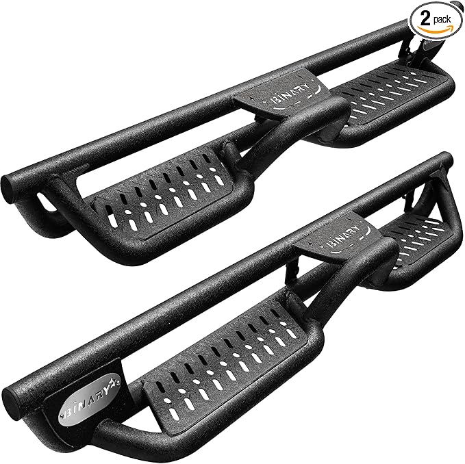 BINARY STAR Running Boards Compatible with Vehicle 2009-2018 Dodge Ram 1500 Crew Cab, 2010-2026 Ram 2500 3500 Crew Cab (Incl. Classic Model). Two-Stair Nerf Bars, Carbon Steel Side Step Bars.