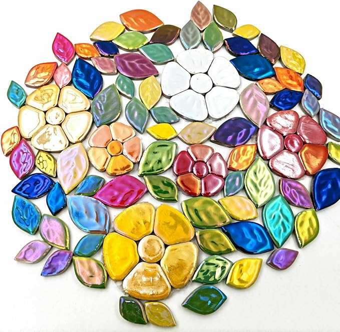 1.1LB Random Iridescent Leaves Ceramics Mosaic Tiles, Making Creative 3 Size Ceramic Mosaic Pieces for DIY Craft,Flowerpots, Vases, Cups, Garden Decor Mosaic Making Supplies (Mix Color)