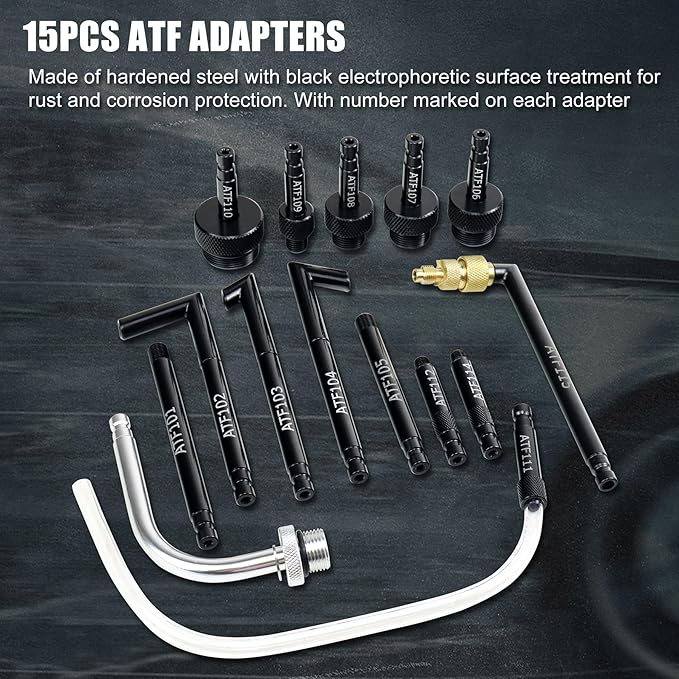 JIFETOR Transmission Fluid Refill Pump ATF Transfer Tool Kit, Manual Gearbox Oil Filler Set with 7.5L Oil Filling Can Dispenser 15PCS ATF Adapters Compatible with Ford Audi Mercedes Benz VW BMW