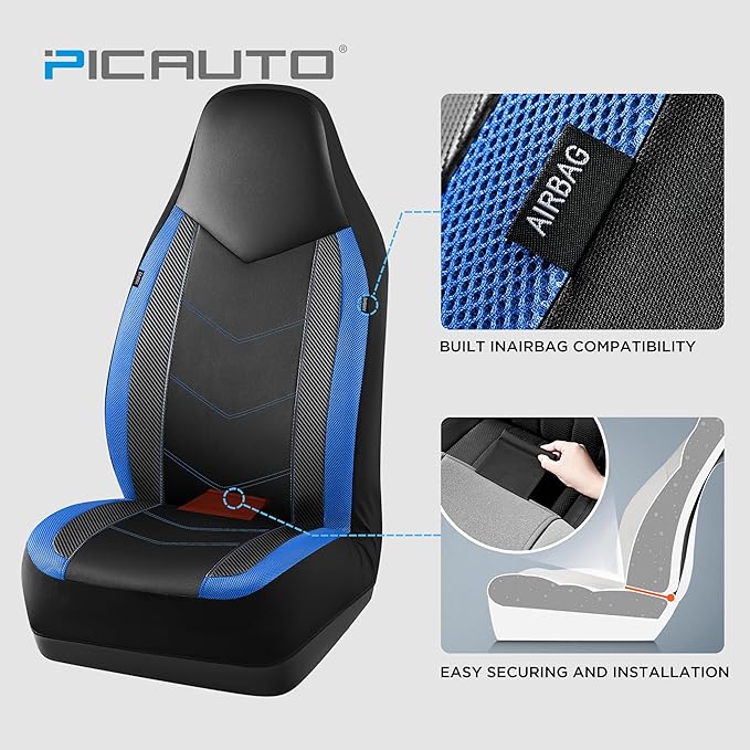 PIC AUTO Leather Car Seat Covers, Sports Carbon Fiber & Mesh Design, High-Back Two Front Set, Waterproof Automotive Seat Covers, Airbag Compatible, Universal Fit for Most Cars (Black & Blue)