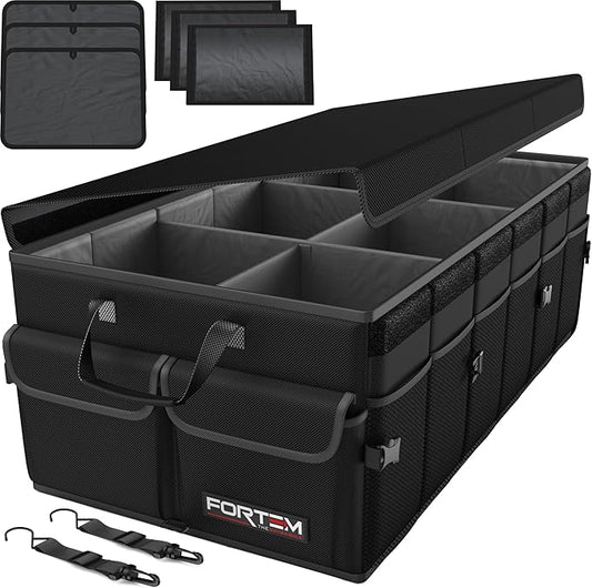 FORTEM Car Trunk Organizer, Collapsible Multi Compartment SUV Organizer, Foldable Storage for Car Accessories for Women Men, 600D Oxford, Non Slip Bottom, Securing Straps, Soft Cover (85L)