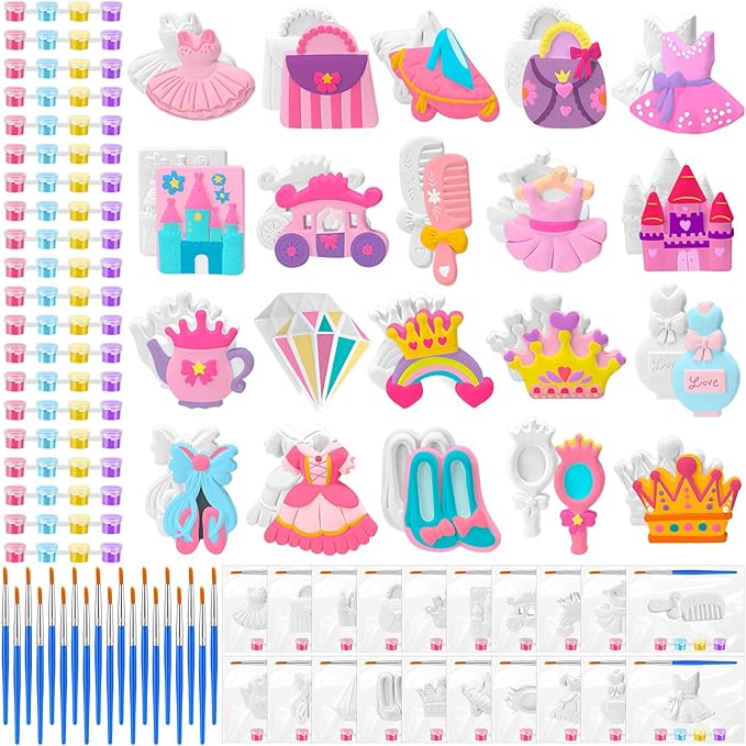 JellyArch 20 Set Princess DIY Painting Kit Ceramic to Paint Your Own Princess Rainbow Castle Statues Unpainted Plaster Figurines Brushes Acrylic Paints Bags Party Favor for Adults