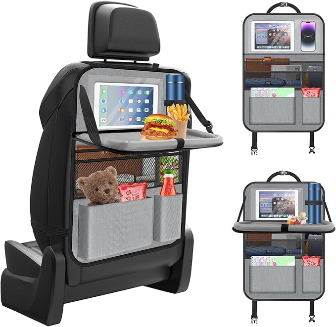 Car Backseat Organizer with table Tray, 9 Storage Pockets Backseat Car Organizer with Tablet Holder, Back seat Organizer for Kids Road Trip Essentials Travel (1Pack)