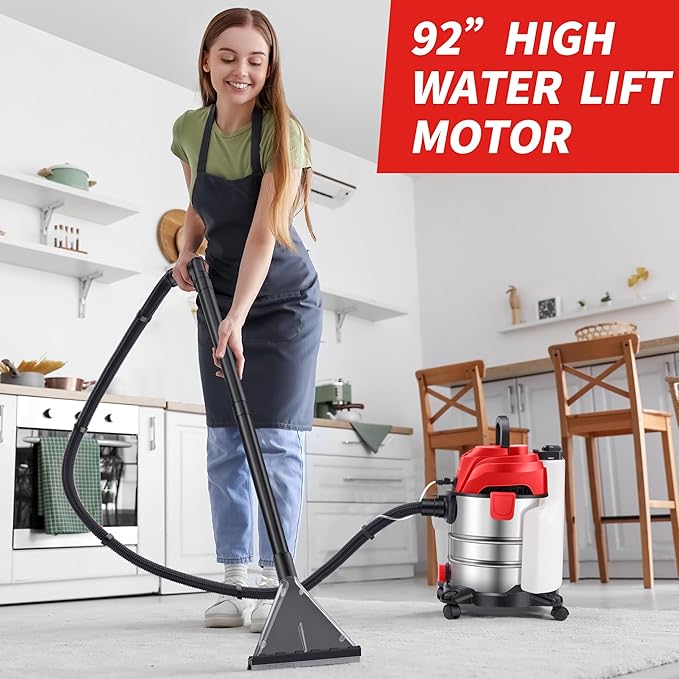 Shop Vacuum Wet and Dry, 6 Gallon, 5.5 Peak HP Power Suction, 3 in 1 Stainless Steel Shop Vac with 4.5L Upholstery Shampoo Tank, Water Vacuum Cleaner Carpet Extractor (Red)