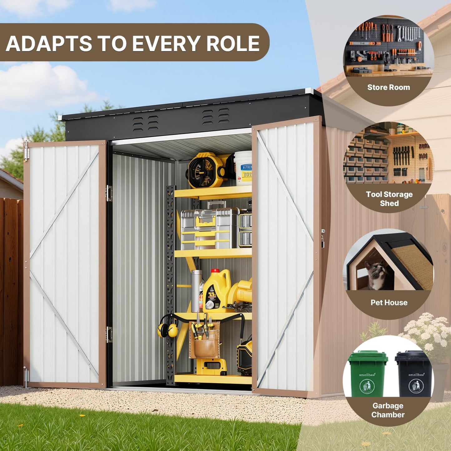 Bealife Outdoor Storage Shed Clearance, Metal Outdoor Storage Cabinet, Waterproof Tool Shed, Lockable Backyard Shed for Garden, Patio and Lawn (Brown, 6' x 4')