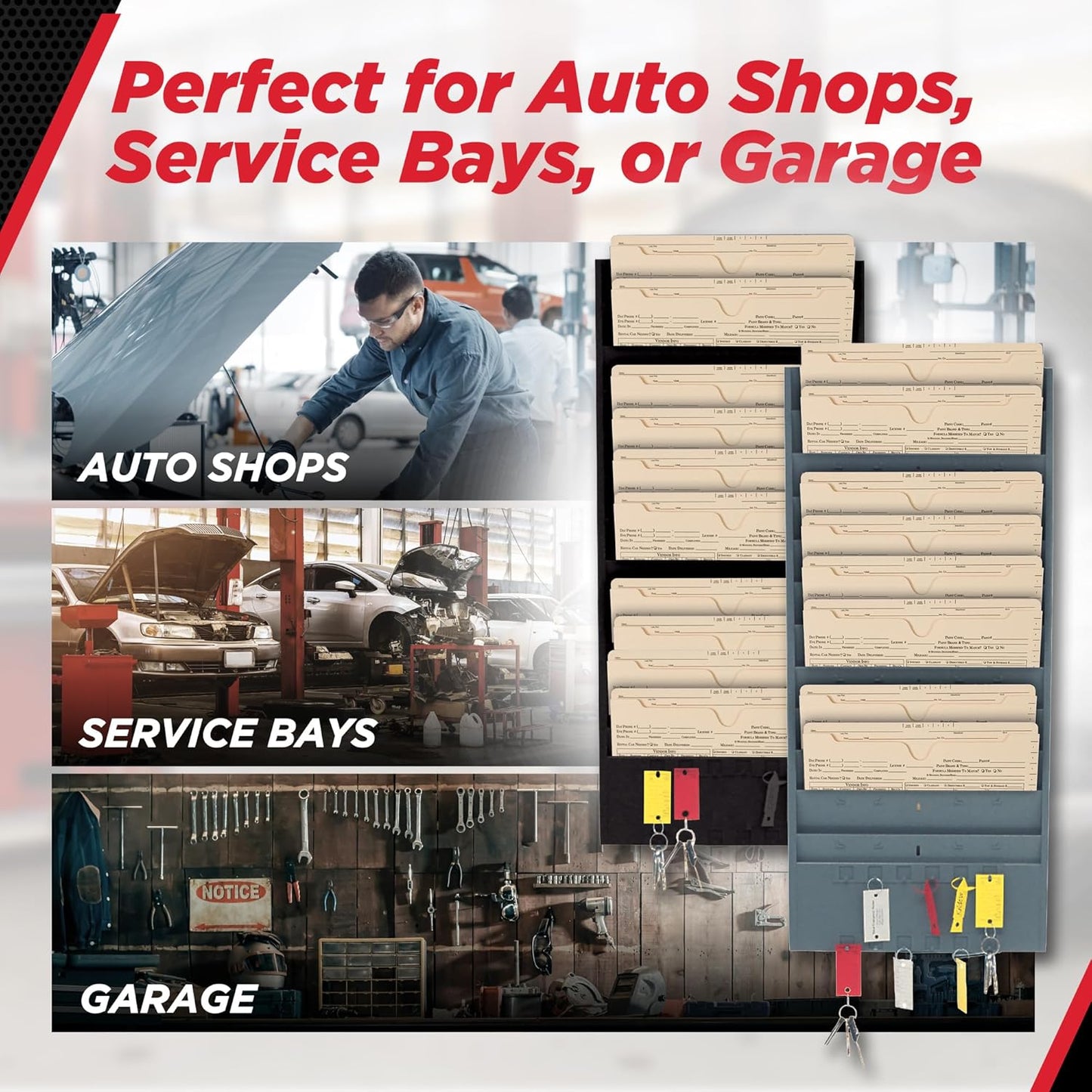 CHAMP® Repair Order Rack with Key Hanger, Heavy-Duty 12-Pocket Alloy Steel Wall Mount Organizer with 12 Key Hangers, Ideal for Auto Workshops and Garages - Gray